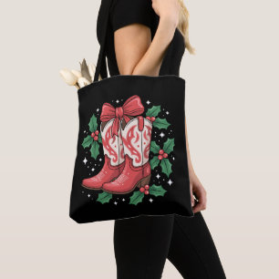 Christmas Cowboy Boots Holly Bow Western Country Tote Bag