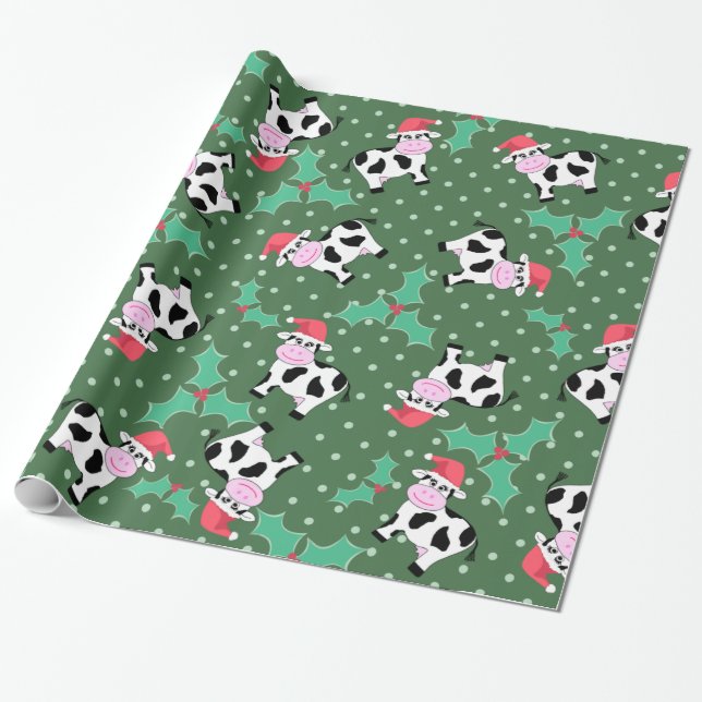 Christmas Cows and Holly Wrapping Paper (Unrolled)