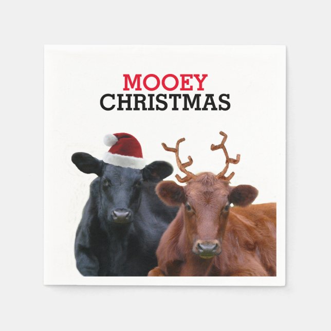 Christmas Cows wearing Santa Hat and Antlers Napkin (Front)