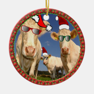 Christmas cows with glasses on and red Santa hats Ceramic Tree Decoration