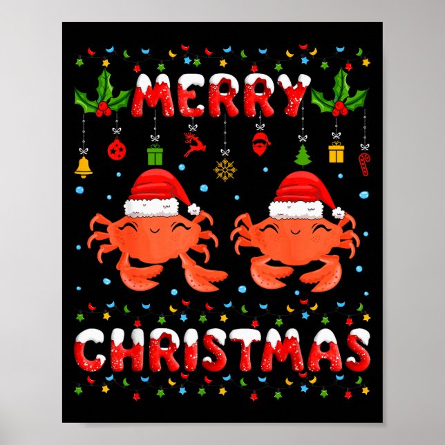 Christmas Crab Shirt Santa Hat Lights Xmas Funny  Poster (Front)