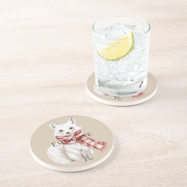 Christmas Cream Red White Peppermint Fox and Deer Coaster (Side)