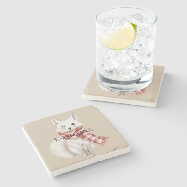 Christmas Cream Red White Peppermint Fox and Deer Stone Coaster (Side)