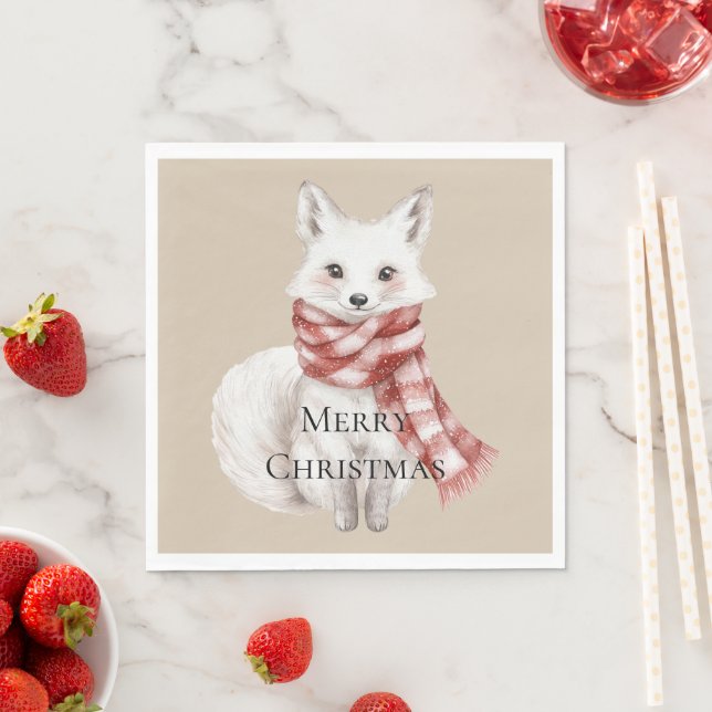 Christmas Cream Red White Peppermint Fox Napkin (Insitu)