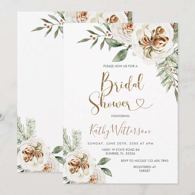 Christmas Creamy White Winter Floral Bridal Shower Invitation (Front/Back)