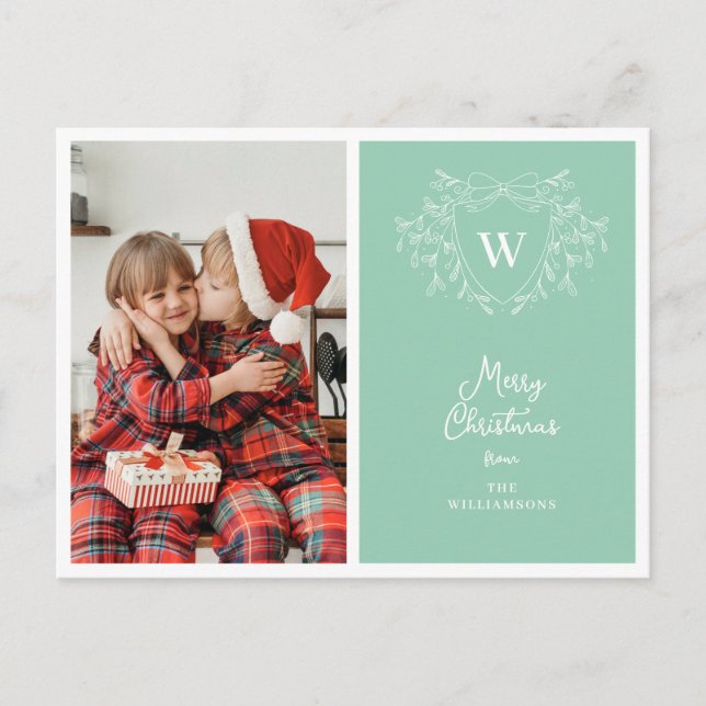 Christmas crest classy mint & white photo holiday postcard (Front)