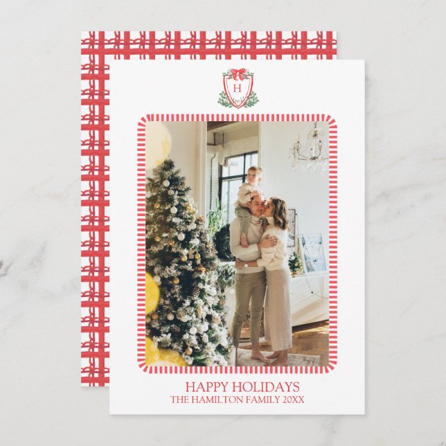 Christmas Crest Monogram Photo Grandmillennial Holiday Card (Front/Back)