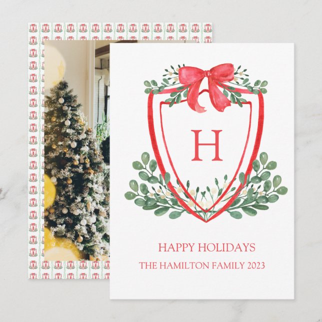Christmas Crest Monogram Photo  Holiday Card (Front/Back)