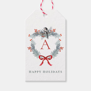 Christmas Crest Monogram Red Bow Winter Bird Gift Tags