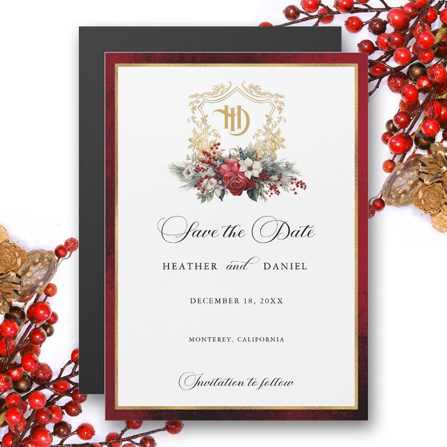 Christmas Crest Monogram Wedding Save the Date Magnetic Invitation (Creator Uploaded)