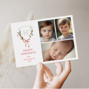 Christmas Crest Red Bow Photo Holiday Card