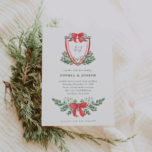 Christmas Crest Whimsical Red and Green Wedding Invitation