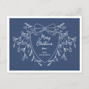 Christmas crest with mistletoe blue and white holiday postcard