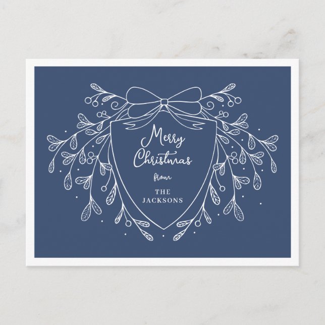 Christmas crest with mistletoe blue and white holiday postcard (Front)