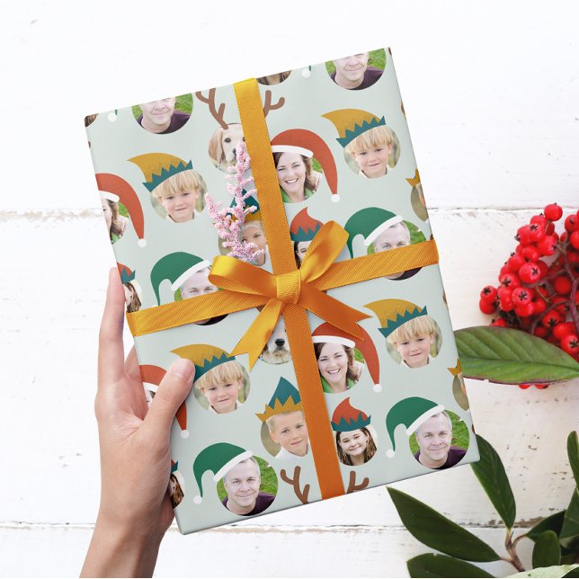 Christmas Crew Custom Six Photo Funny Holiday Gift Wrapping Paper (six of your photos get festive with reindeer antlers, Santa and elf hats on a pale green background)