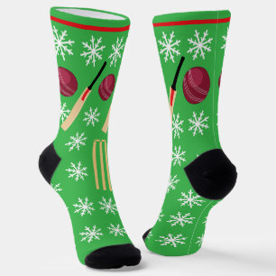 Christmas Cricket Bats Balls Wickets Snowflakes Socks