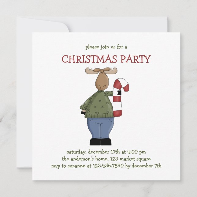 Christmas Critters · Moose & Candy Cane Invitation (Front)