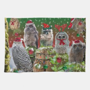 Christmas Critters Owls and Racoon Tea Towel