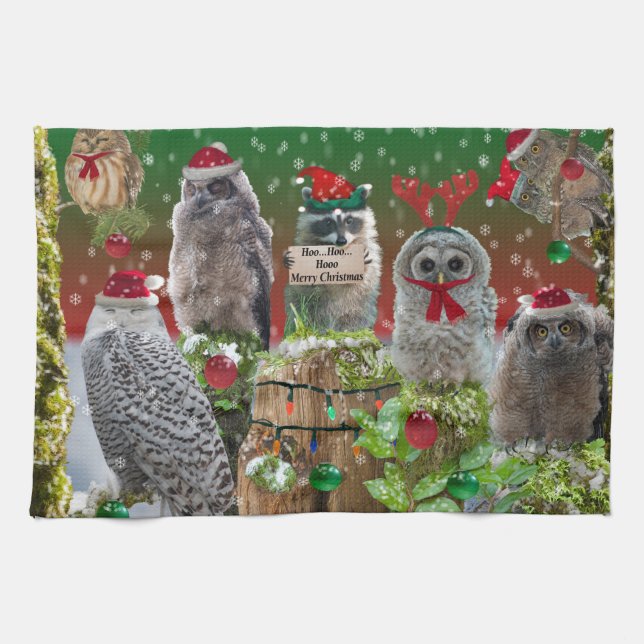 Christmas Critters Owls and Racoon Tea Towel (Horizontal)