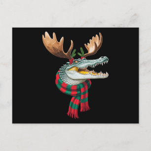 Christmas Crocodile Reindeer Antlers Scarf Holiday Postcard