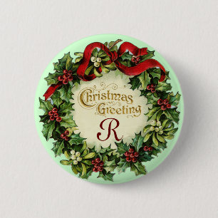 CHRISTMAS CROWN WITH MISTLETOES AND HOLLY BERRIES 6 CM ROUND BADGE