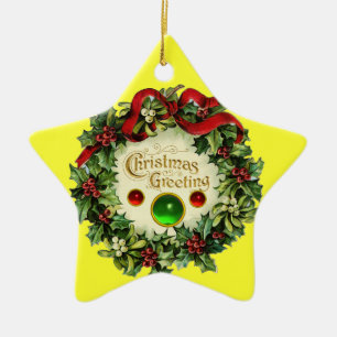 CHRISTMAS CROWN WITH MISTLETOES AND HOLLY BERRIES CERAMIC TREE DECORATION