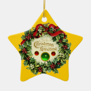 CHRISTMAS CROWN WITH MISTLETOES AND HOLLY BERRIES CERAMIC TREE DECORATION