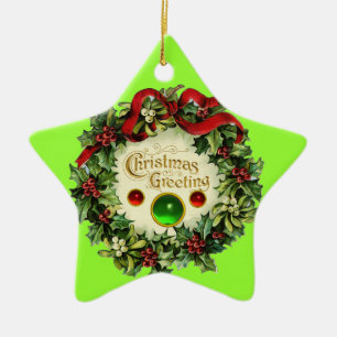 CHRISTMAS CROWN WITH MISTLETOES AND HOLLY BERRIES CERAMIC TREE DECORATION