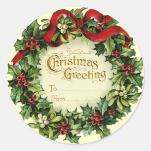 CHRISTMAS CROWN WITH MISTLETOES AND HOLLY BERRIES CLASSIC ROUND STICKER