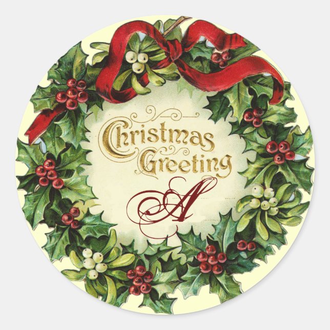 CHRISTMAS CROWN WITH MISTLETOES AND HOLLY BERRIES CLASSIC ROUND STICKER (Front)