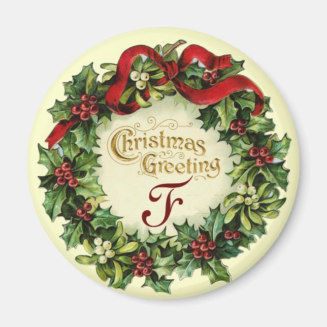 CHRISTMAS CROWN WITH MISTLETOES AND HOLLY BERRIES MAGNET (Front)