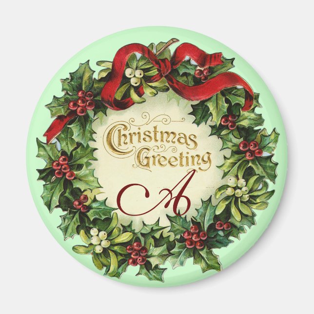 CHRISTMAS CROWN WITH MISTLETOES AND HOLLY BERRIES MAGNET (Front)