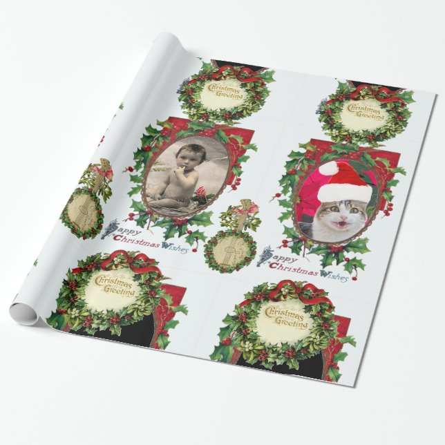 CHRISTMAS CROWNS,BANJO,RED RIBBONS PHOTO TEMPLATE WRAPPING PAPER (Unrolled)