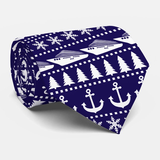 Christmas Cruise Ship Patterned Blue Tie (Rolled)
