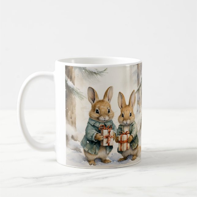 Christmas cup illustrated with cute rabbits (Left)