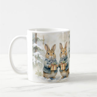 Christmas cup illustrated with cute rabbits.