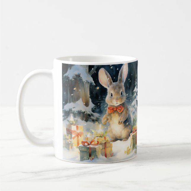 Christmas cup illustrated with cute rabbits (Left)