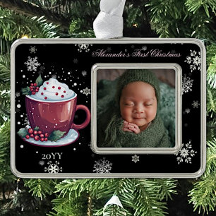 Christmas Cup of Hot Chocolate Baby Photo Personal Silver Plated Framed Ornament