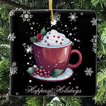 Christmas Cup of Hot Chocolate | Black Ceramic Ornament<br><div class="desc">Add a cosy touch to your tree with this charming Black Christmas Cup of Hot Chocolate Ceramic Ornament, featuring a delightful watercolor illustration of a steaming cup of hot chocolate adorned with holly berries, snowflakes, and soft seasonal colours. The phrase Happiest Holidays is elegantly scripted, creating a heartwarming message that...</div>