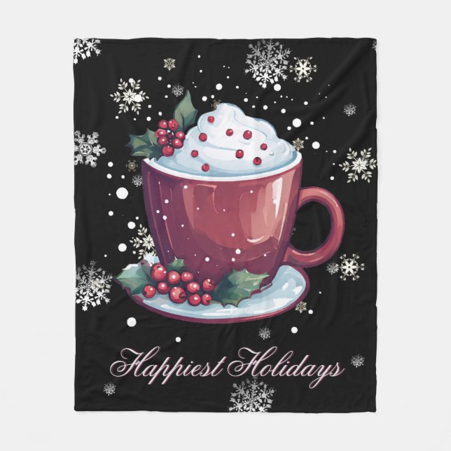 Christmas Cup of Hot Chocolate | Black Fleece Blanket (Front)