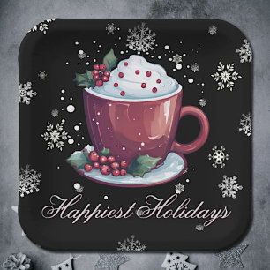Christmas Cup of Hot Chocolate   Black Paper Plate