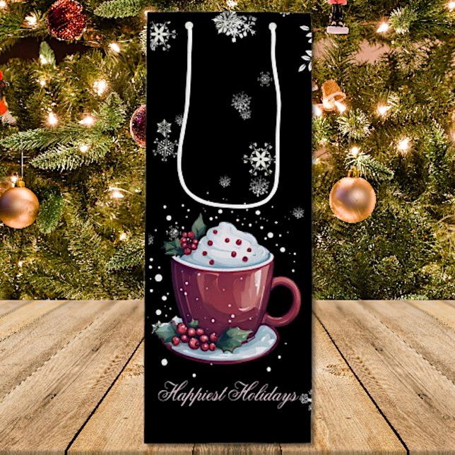Christmas Cup of Hot Chocolate | Black Wine Gift Bag (Christmas Cup of Hot Chocolate Wine Gift Bag)