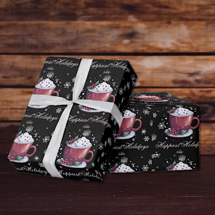 Christmas Cup of Hot Chocolate   Black Wrapping Paper