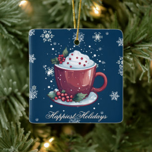 Christmas Cup of Hot Chocolate Blue Ceramic Ornament