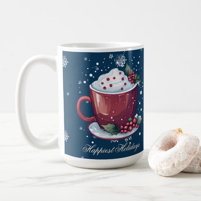 Christmas Cup of Hot Chocolate | Blue Coffee Mug (With Donut)