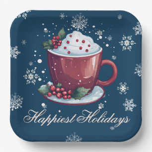 Christmas Cup of Hot Chocolate Blue Paper Plate