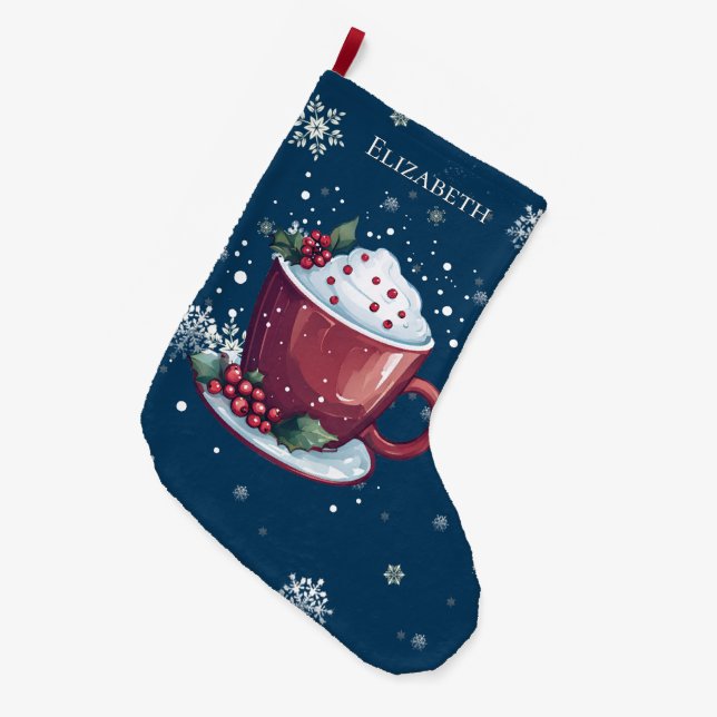 Christmas Cup of Hot Chocolate Blue Personalised Large Christmas Stocking (Front (Hanging))