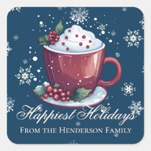 Christmas Cup of Hot Chocolate Blue Square Sticker