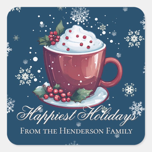 Christmas Cup of Hot Chocolate | Blue Square Sticker (Front)