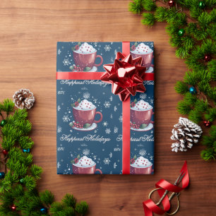 Christmas Cup of Hot Chocolate Blue Wrapping Paper